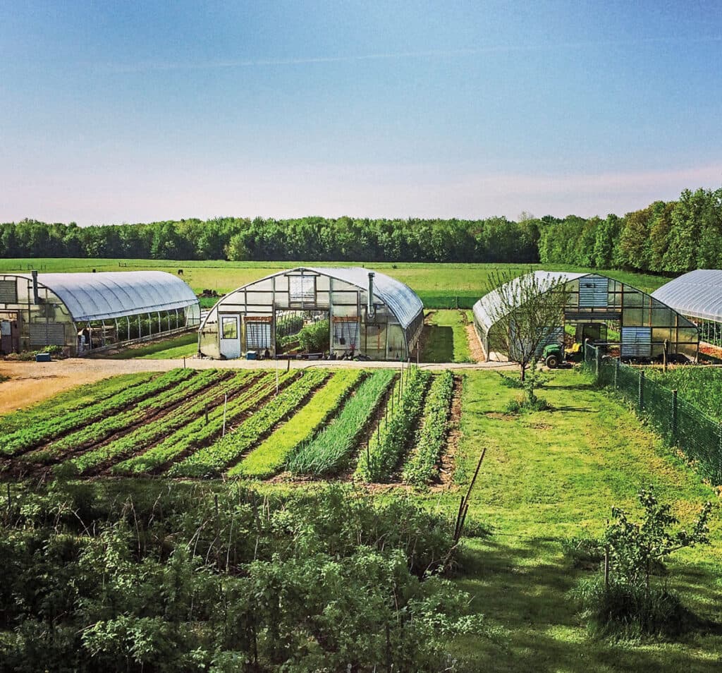 Garden rows and hoop houses on a small hobby farm