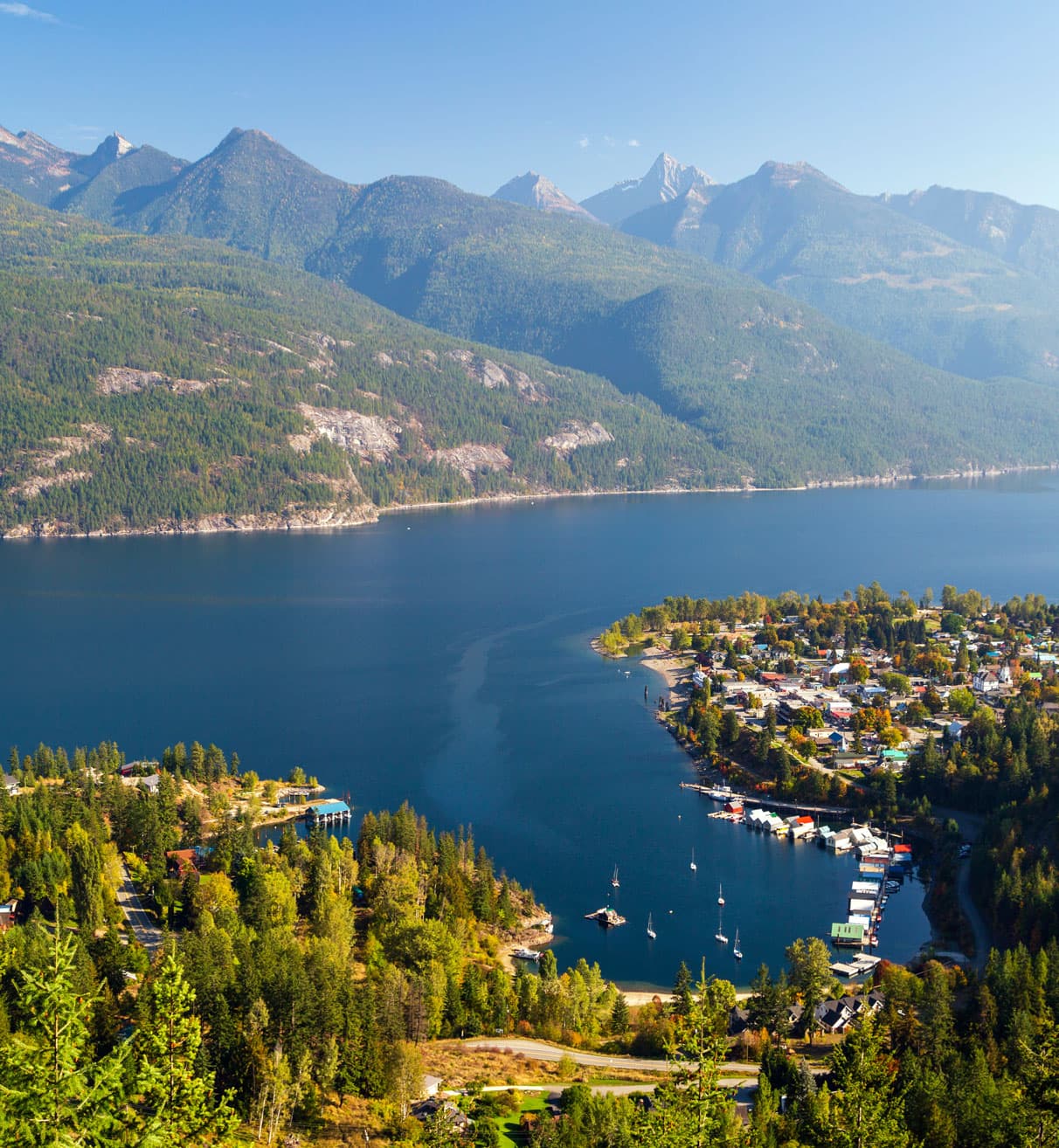 Aerial view of Kootenay Lake and the mountains around Kaslo